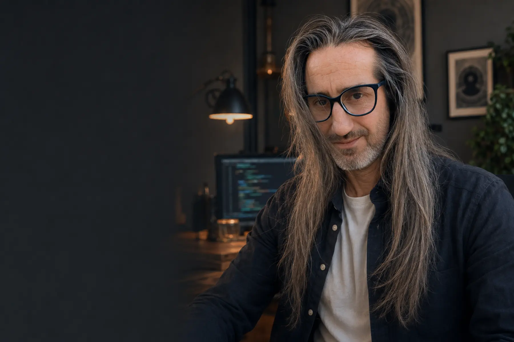 AI-assisted portrait of James Walford in his software studio