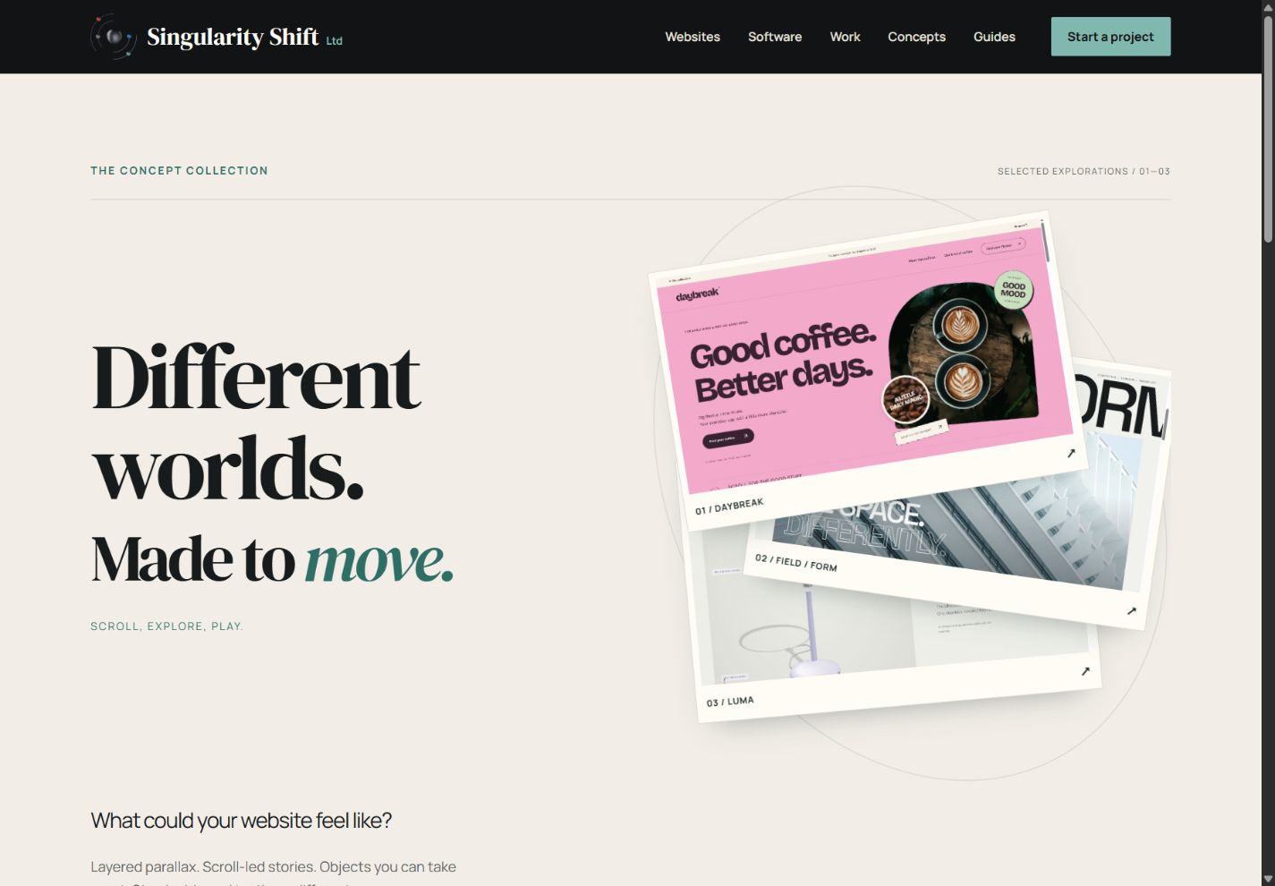 Three working website concepts: DAYBREAK coffee, FIELD / FORM architecture and LUMA lighting