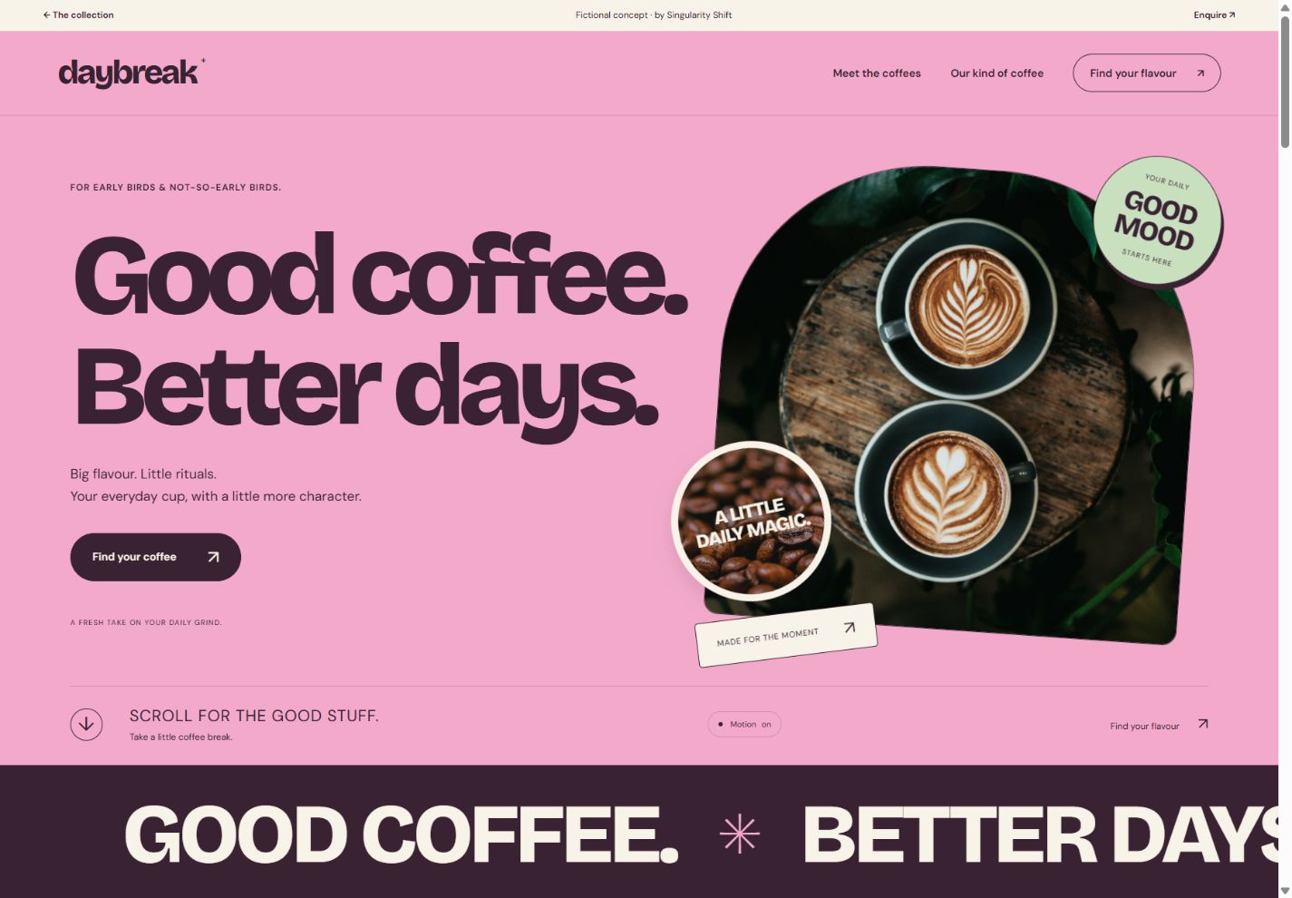 DAYBREAK coffee concept with layered photography, expressive lettering and a flavour finder