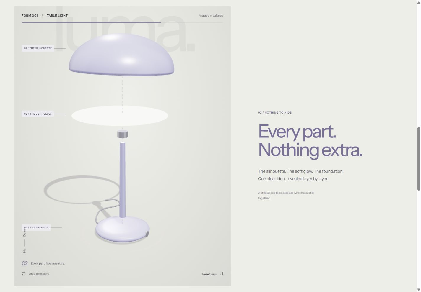 LUMA lighting concept showing the parts of an interactive 3D lamp separated in an exploded view